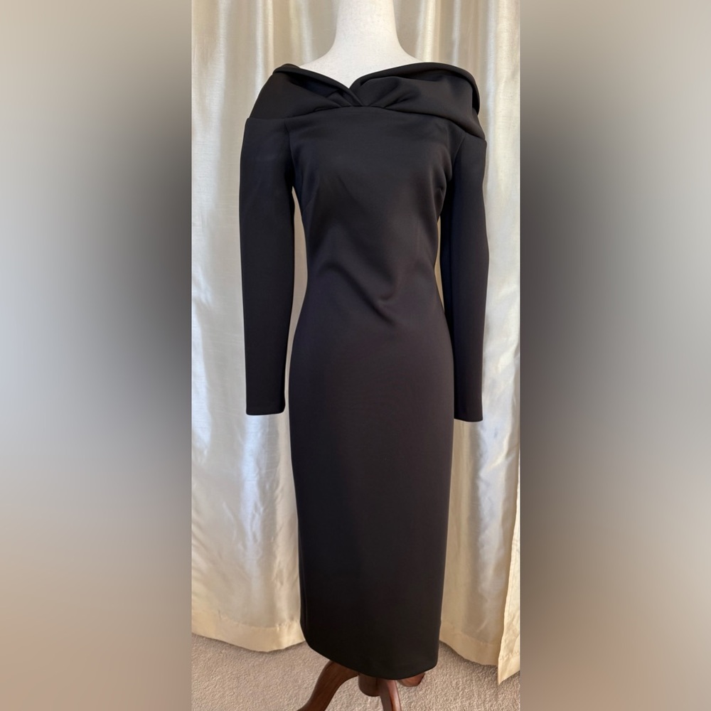 Donna Karan Black Folded Neck Off The Shoulder Long Sleeve Midi Dress Size 4 - Picture 2 of 11